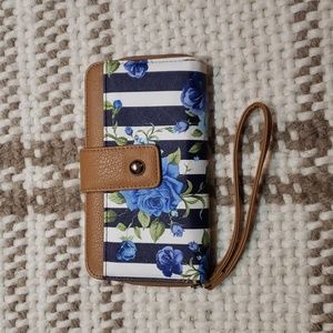 Faux leather waller navy and white strip with blue roses